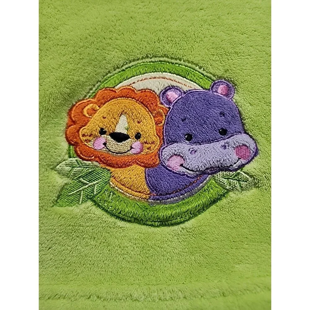 VTG Fisher Price baby blanket Green‎ fleece appliqued lion Hippo Zoo Jungle Cozy